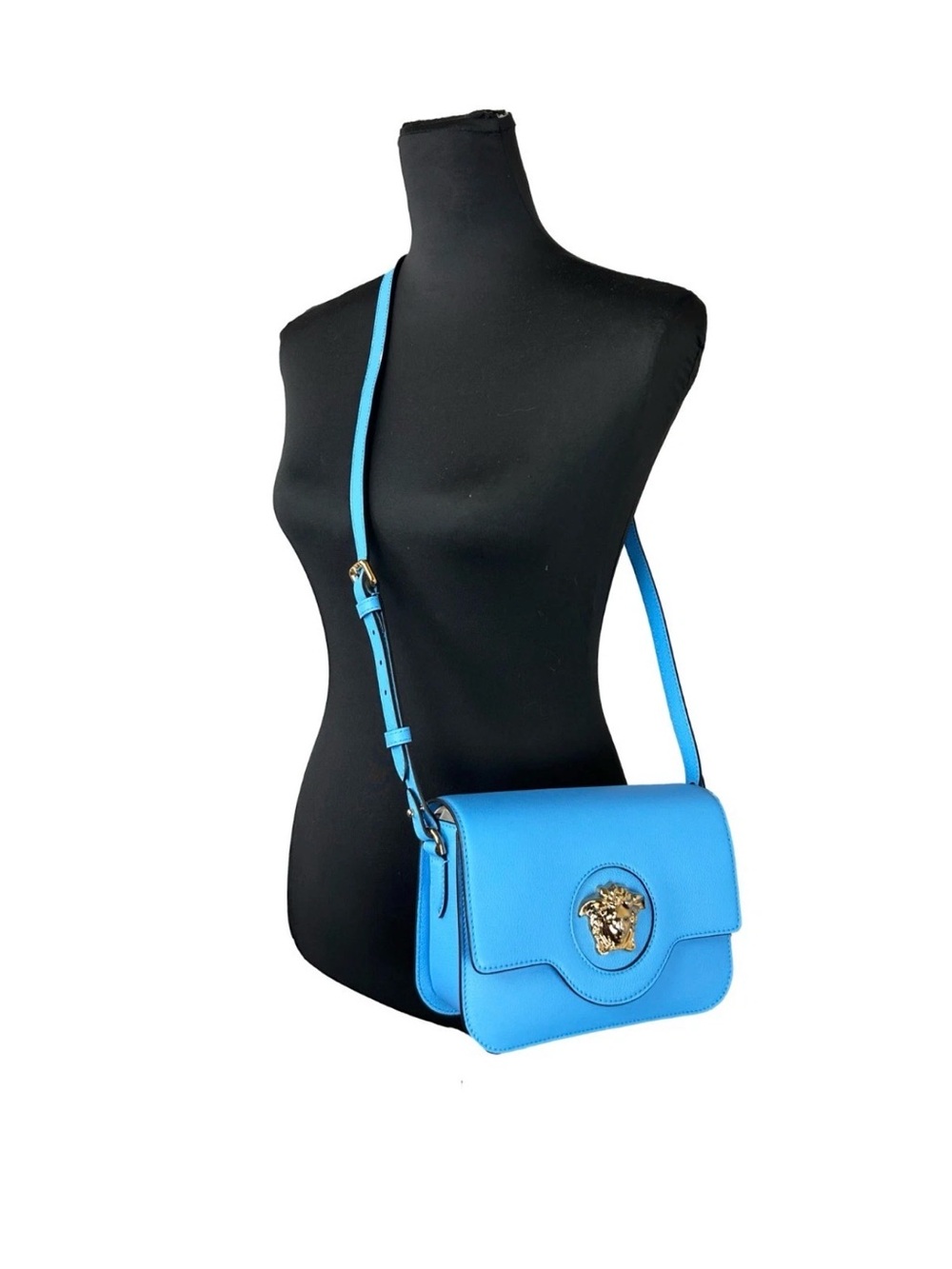 Versace Sky Blue Leather Medusa Flap Crossbody Bag
